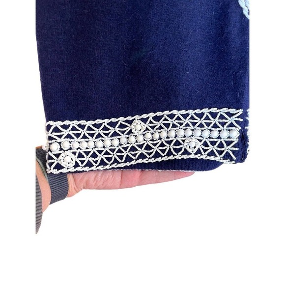 Vtg Elsie Tu Hong Kong 50s 60s Navy Blue Wool Beaded Cardigan Sweater Sz 38 - Picture 8 of 13